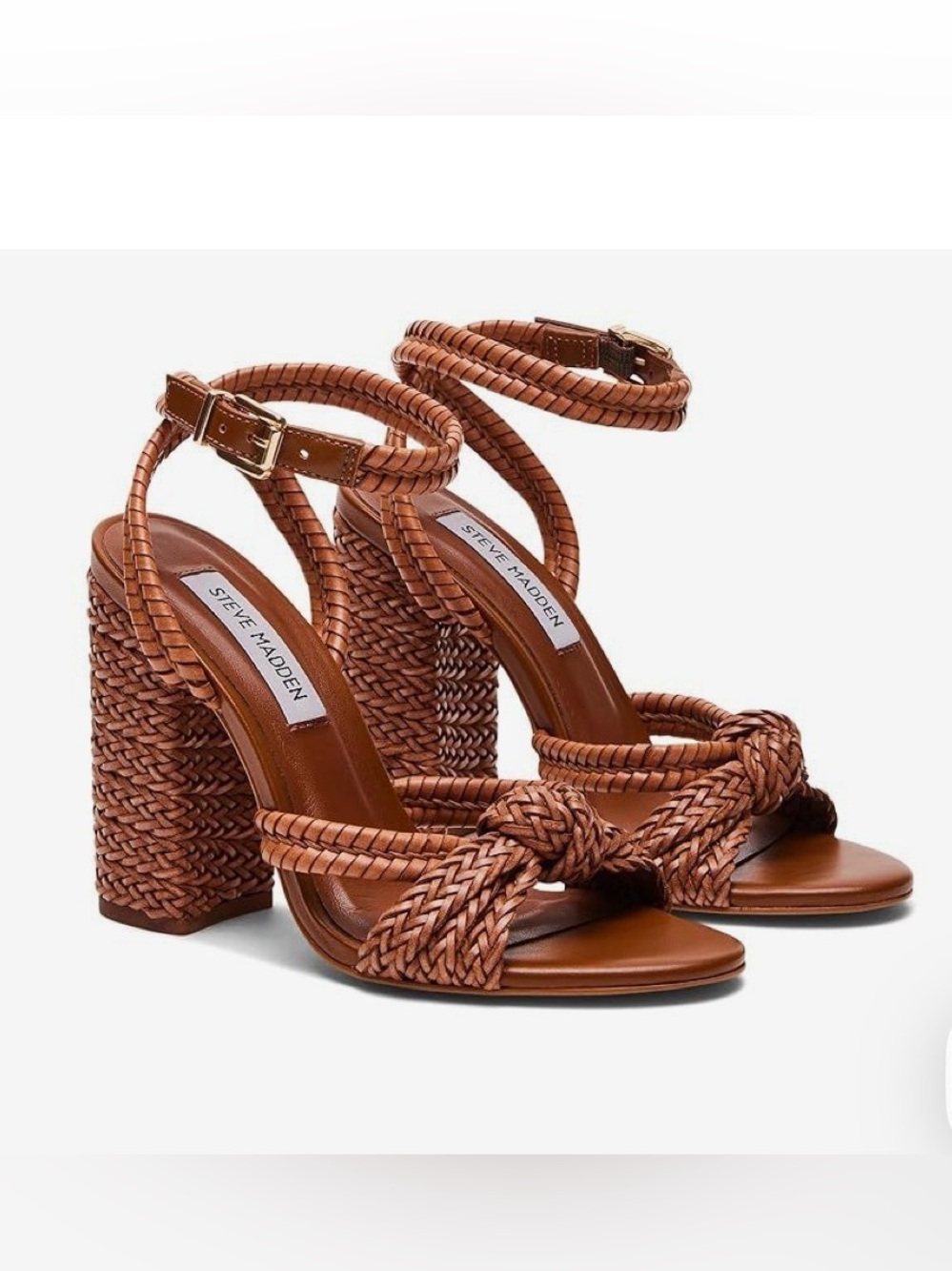 Steve Madden Malou Heels Sz 6.5 M Cognac Braided Block Heel Sandals Vegan
